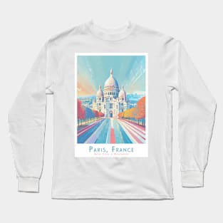 Sacre Coeur - Montmatre - Vintage Travel Poster - Minimalist Sacré-Cœur Paris, France in Retro Colors Long Sleeve T-Shirt